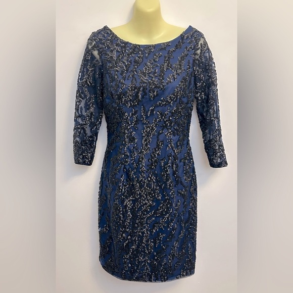 Aidan by Aidan Mattox Blue and Black Sequined Sheath Cocktail Dress - Picture 1 of 8
